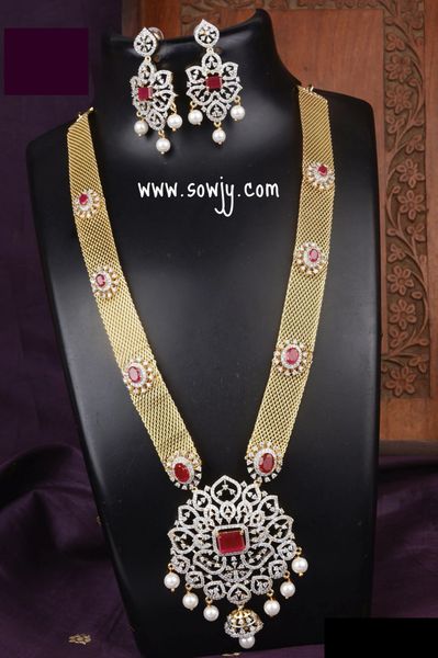 Big Floral Diamond Pendant in Long Designer Gold Necklace with Earrings- RED!!!!