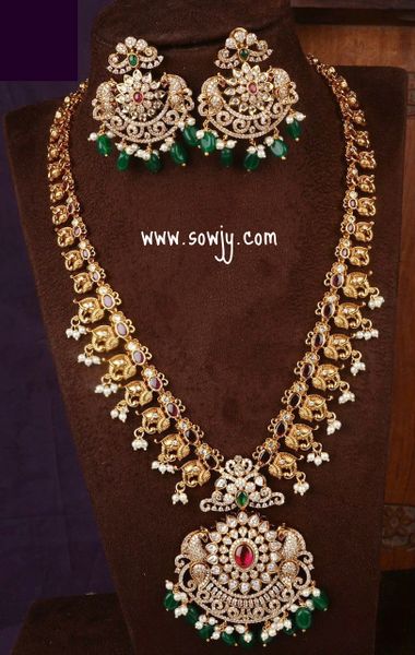 Very Grand Peacock AD Stone Big Pendant Statement Piece Long Haaram with Designer Big Earrings!!!