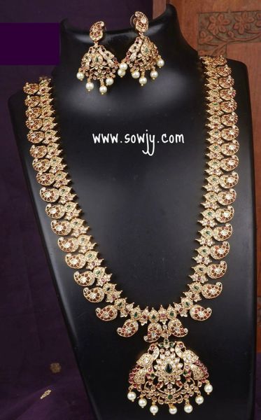 Jadau Replica Real Kemp Stone Premium Quality Peacock Pendant Maanga Long Haaram with Earrings in Gold Finish !!!