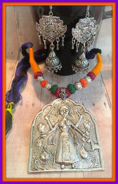 German Silver Goddess Pendant Set with Long Hanging Jhumka Earrings!!!!