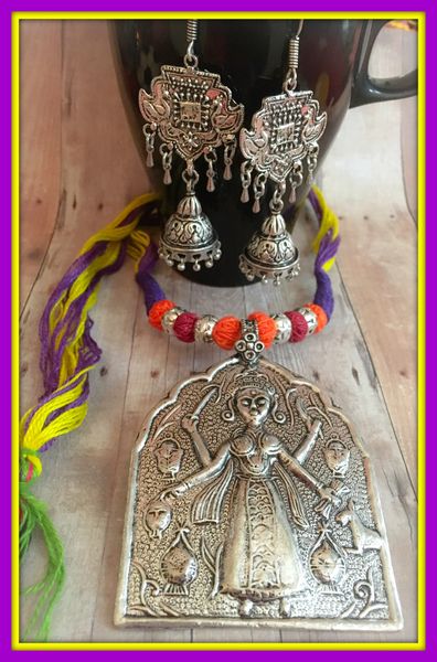 German Silver Goddess pendant Set with Hanging Jhumkas!!!!!