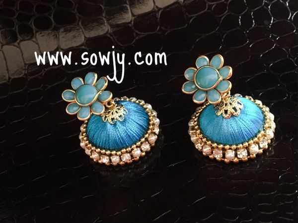 Pacchi Studded Silk Thread Jhumkas-Medium Size-Light Blue Color!!!!