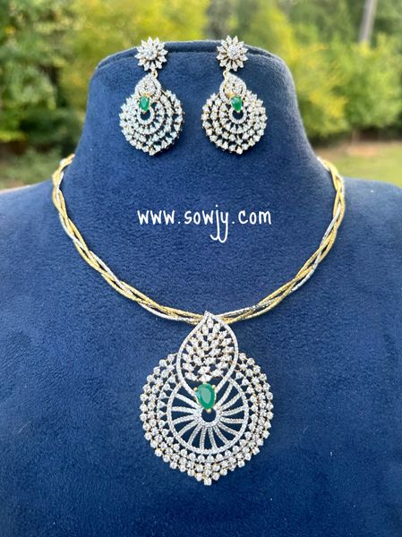 Beautiful Diamond Look ALike Designer Big Pendant in Twisted Dual Tone Hasli Chain with Big Earrings- Green Stone!!!