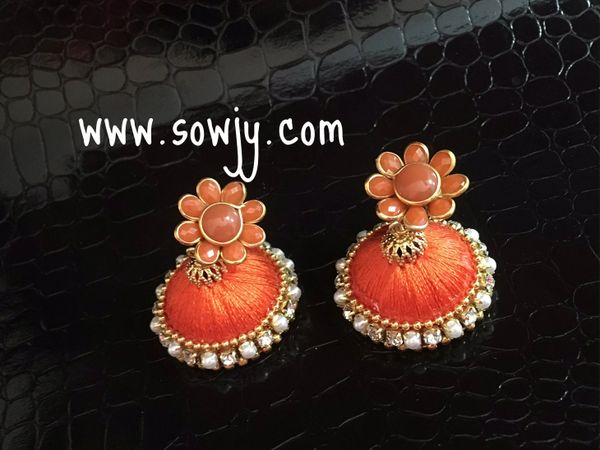 Pacchi Studded Silk Thread Jhumkas-Medium Size-Orange Color!!!!