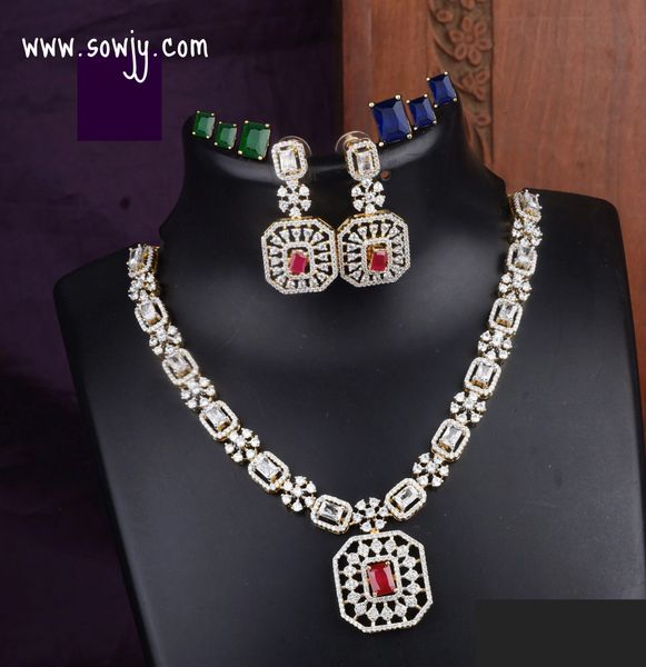 Diamond Look Alike Changeable Stones Gold Finish Beautiful Necklace with Earrings- 3 Color Stones-Red,Green and Blue-Design 2!!!