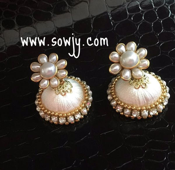 Pacchi Studded Silk Thread Jhumkas-Medium Size-White Color!!!!