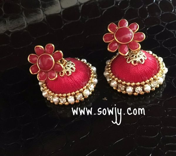 Pacchi Studded Silk Thread Jhumkas-Medium Size-Bright Red Color!!!!