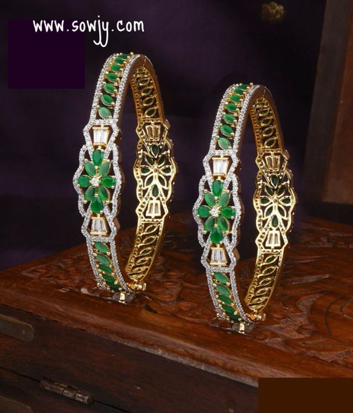 Grand Emerald Floral Pattern Diamond Look Alike Bangles -Size 2.8!!!