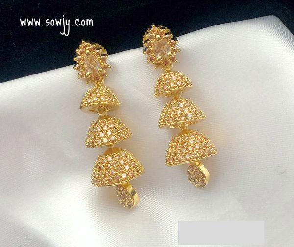 Lovely Light Weighted Triple Layer Medium Size AD Stone Jhumkas- Full White!!!!