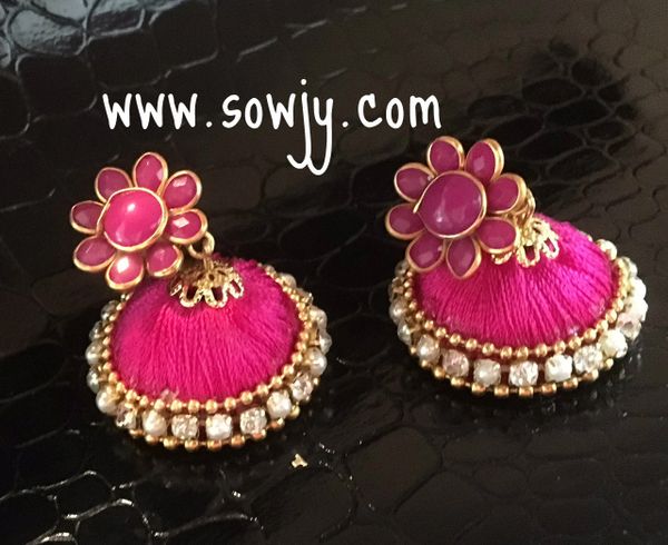Pacchi Studded Silk Thread Jhumkas-Medium Size-Bright Pink Color!!!!