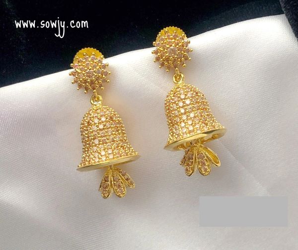 Lovely Bell Shaped AD Stone Medium Sized Light Weight Jhumkas- Full White!!!