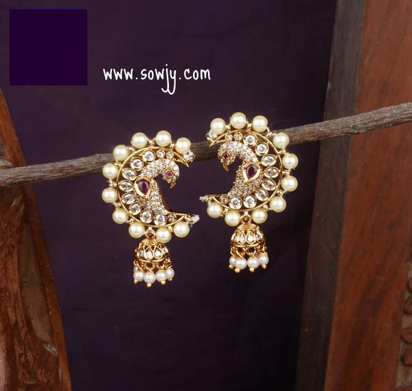 Lovely Peacock Half Moon Jhumka Design Medium Size Jhumkas- Ruby and White AD Stones!!!