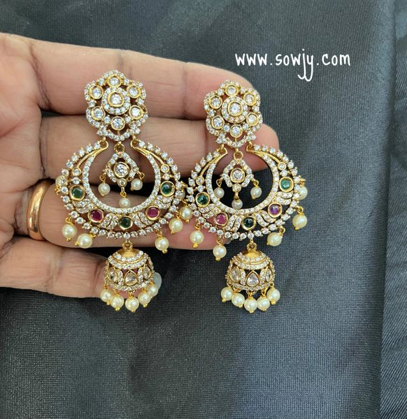 AD Stone Chaandbali Jhumkas Earrings- Ruby Emerald and White!!!!