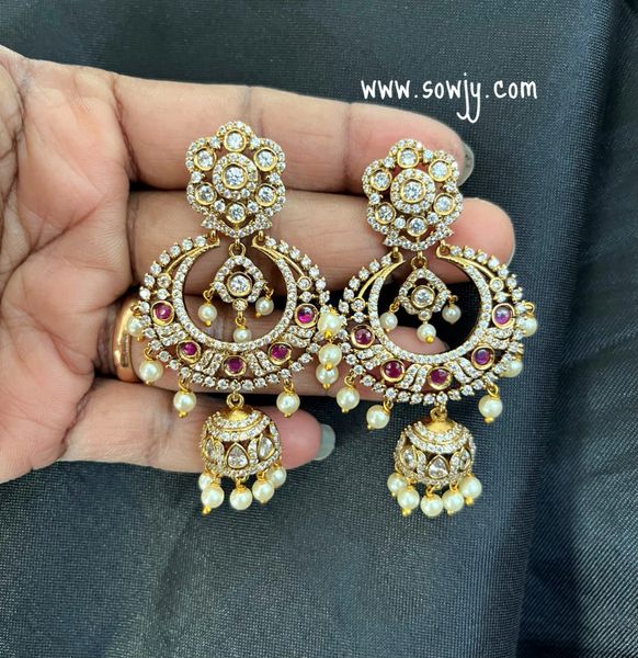 AD Stone Chaandbali Jhumkas Earrings- Ruby and White!!!!