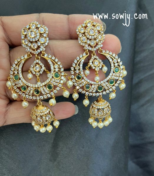 AD Stone Chaandbali Jhumkas Earrings-Emerald and White!!!!