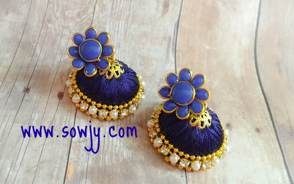 Pacchi Studded Silk Thread Jhumkas-Medium Size-Dark Blue Color!!