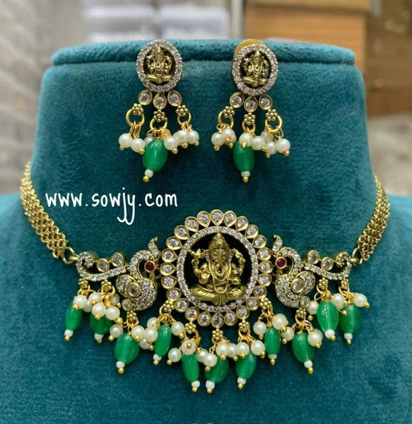 Simple and Elegant Ganesha Peacock Choker set with Earrings- Green Hanging Beads!!!!