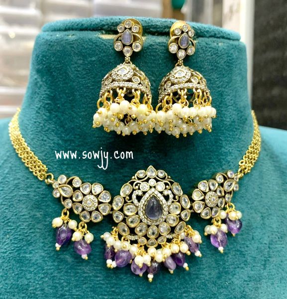 Victorian Finish Floral Pattern Pendant Choker Set with Jhumkas- Purple Color!!!!