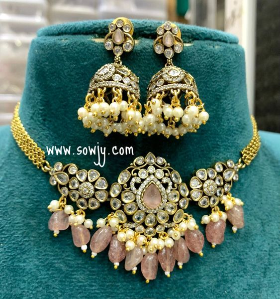 Victorian Finish Floral Pattern Pendant Choker Set with Jhumkas- Pastel pink Color!!!!