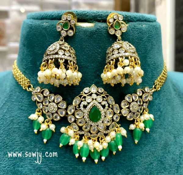 Victorian Finish Floral Pattern Pendant Choker Set with Jhumkas- Green Color!!!!