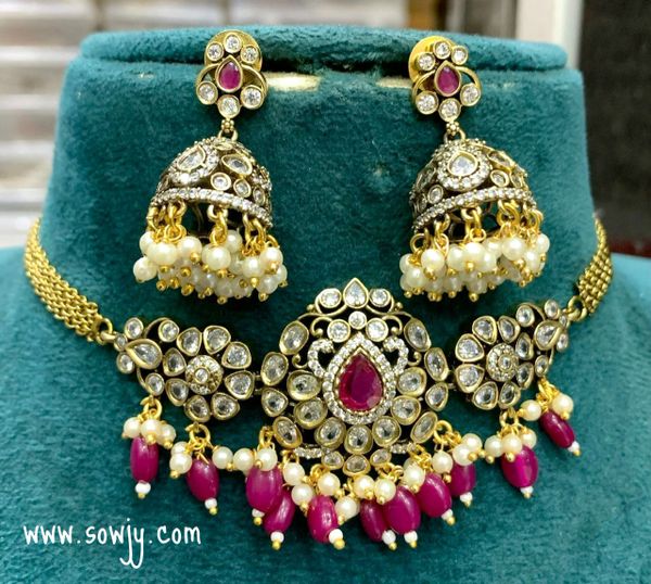 Victorian Finish Floral Pattern Pendant Choker Set with Jhumkas- Ruby Red Color!!!!