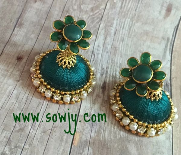 Pacchi Studded Silk Thread Jhumkas-Medium Size-Dark Green Color!!