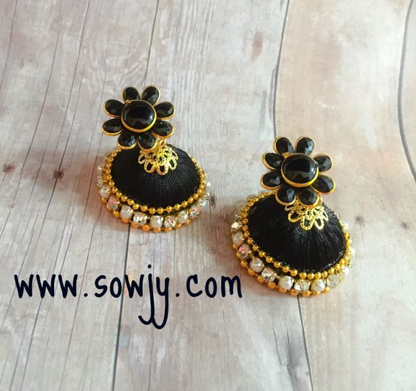 Pacchi Studded Silk Thread Jhumkas-Medium Size-Black Color!!