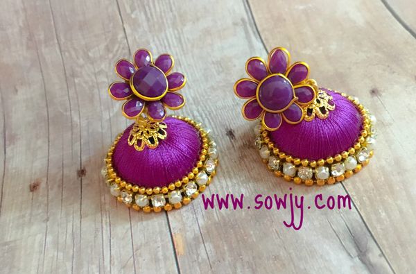 Pacchi Studded Silk Thread Jhumkas-Medium Size-Dark Purple Color!!