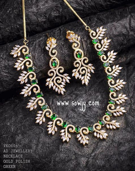 Classy Floral Pattern Gold Look Alike AD Stone Necklace with Lovely Earrings- GREEN !!!!