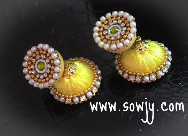 Stone Studded Silk Thread Jhumkas-Medium Size-Bright Yellow Color!!