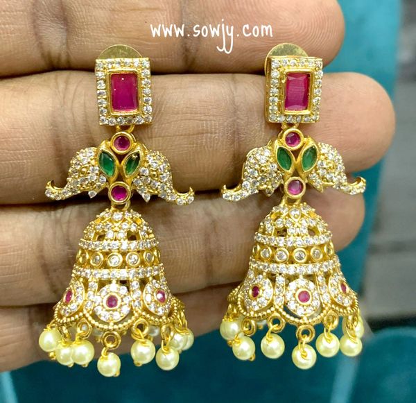 Beautiful Elephant AD Stone Gold Finish JHumkas- Red,Green and White!!!!