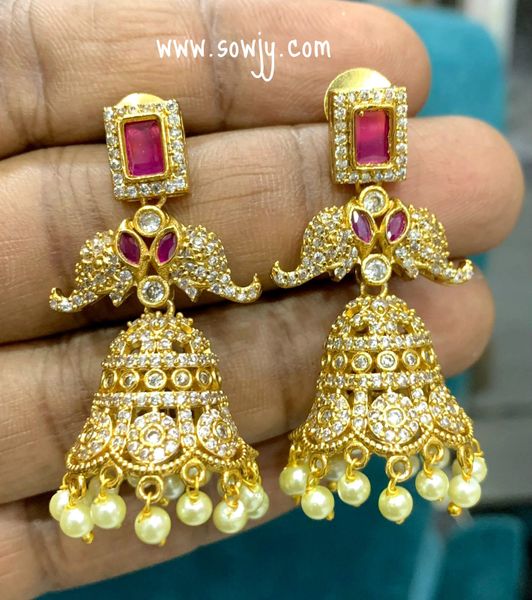 Beautiful Elephant AD Stone Gold Finish JHumkas- Red and White!!!!