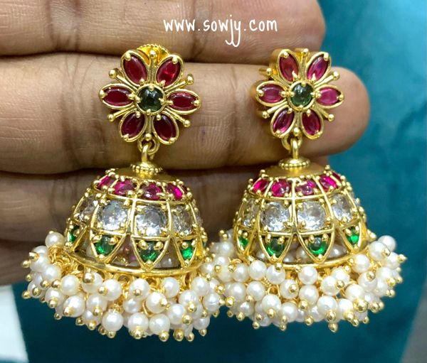 Real Kemp Stone XL Big Size Jhumkas-Red,Green and White!!!!