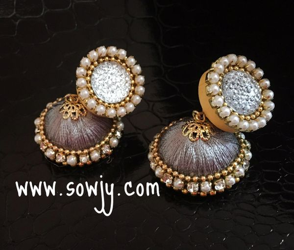 Stone Studded Silk Thread Jhumkas-Medium Size-Grey Color!!