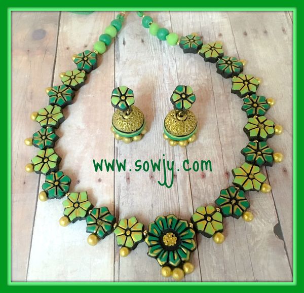 Floral Choker necklace with medium Jhumkas in Light and Dark Green Shades!!!!