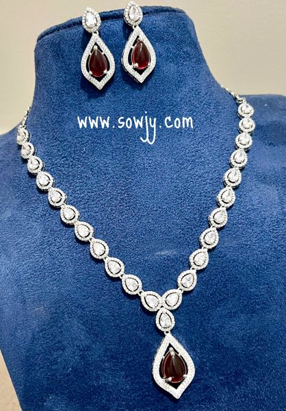 Lovely Tear Drop Leaf Designer Pendant AD Stone Silver Finish Necklace with Matching Earrings- RED STONE!!!!
