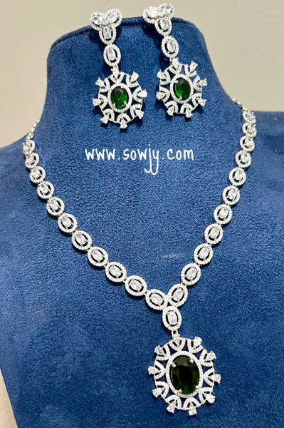 Floral Pendant AD Stone Silver Finish Diamond Replica Designer Necklace- Green Stones!!!