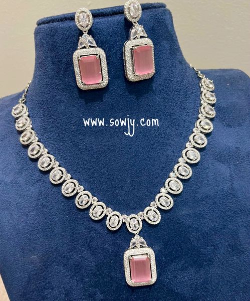 Square Shaped AD Stone Pendant Diamond Look Alike Silver Finish Necklace with Earrings- Pastel Pink!!!