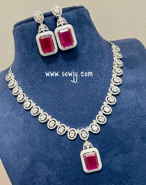 Square Shaped AD Stone Pendant Diamond Look Alike Silver Finish Necklace with Earrings- Ruby!!!