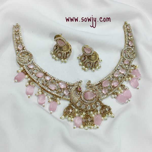 Lovely Peacock Designer Victorian Finish Necklace with Jhumkas- Pastel Pink !!!!