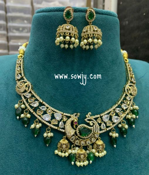 Lovely Peacock Designer Victorian Finish Necklace with Jhumkas- GREEN !!!!