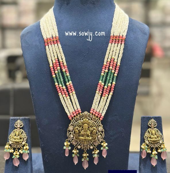 Lovely Exquisite Designer Lakshmi Nakshi Big Pendant in Victorian Mehandi Finish Long Designer Beaded Maala with Earrings- Pastel Pink!!!!