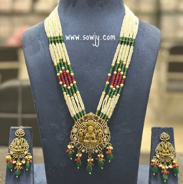 Lovely Exquisite Designer Lakshmi Nakshi Big Pendant in Victorian Mehandi Finish Long Designer Beaded Maala with Earrings- GREEN!!!!