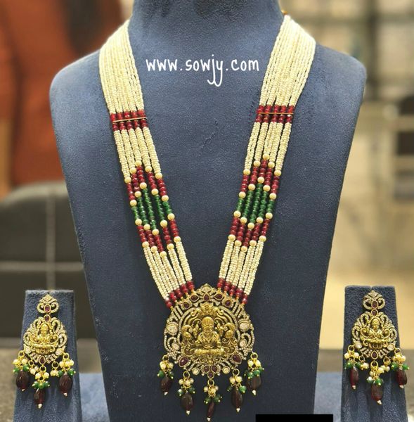 Lovely Exquisite Designer Lakshmi Nakshi Big Pendant in Victorian Mehandi Finish Long Designer Beaded Maala with Earrings- RED!!!!