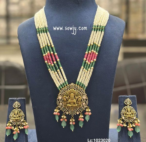 Lovely Exquisite Designer Lakshmi Nakshi Big Pendant in Victorian Mehandi Finish Long Designer Beaded Maala with Earrings- MINT GREEN!!!!