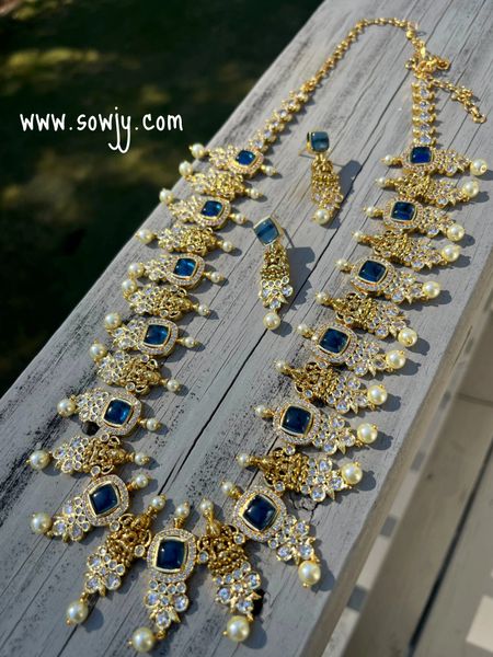 Beautiful and Grand Lakshmi Gold Look Alike Big and Long Haaram with Sapphire/Blue Stones and Matching Earrings!!!!