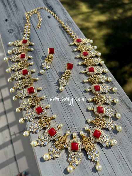 Beautiful and Grand Lakshmi Gold Look Alike Big and Long Haaram with Coral Stones and Matching Earrings!!!!