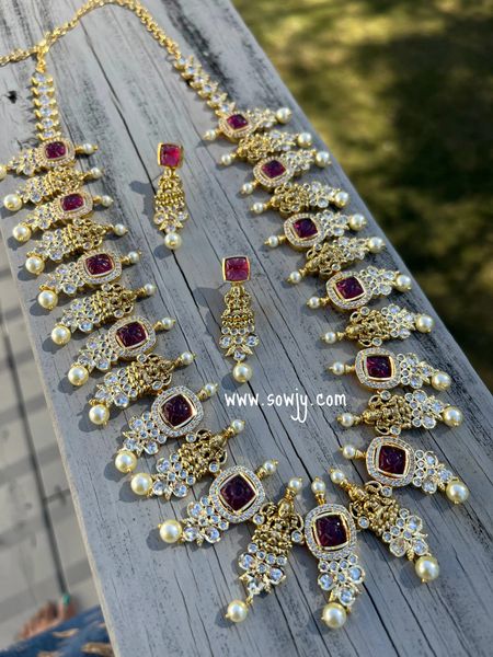 Beautiful and Grand Lakshmi Gold Look Alike Big and Long Haaram with Ruby Red Stones and Matching Earrings!!!!