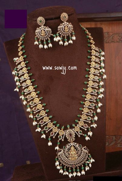 Grand Lakshmi Pendant Designer Long Haaram with Lakshmi Earrings in Gold Finish !!!!