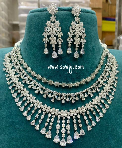 Very Grand Three Layer Diamond Look ALike Broad and Big Necklace with Matching Earrings -Silver Finish !!!!